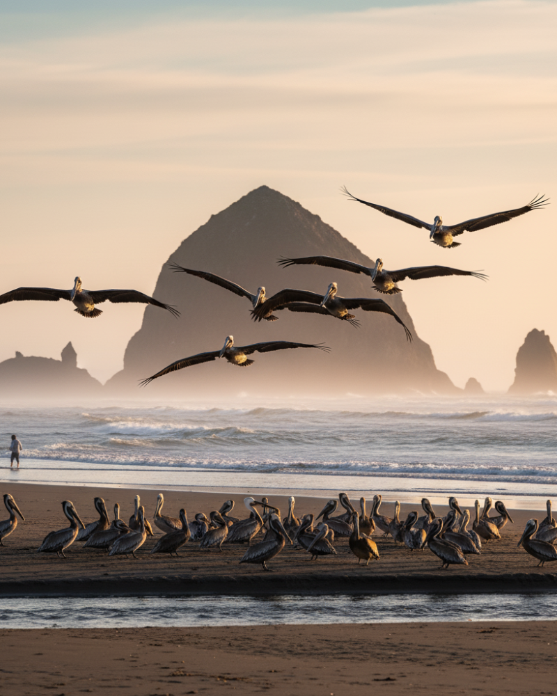 Haystack Rock Pelicans Cannon Beach Oregon